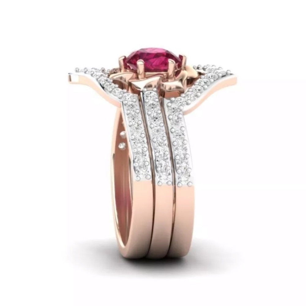 3Pcs/Set Exquisite Rose Gold Ruby Flower Ring - Picture 3 of 5